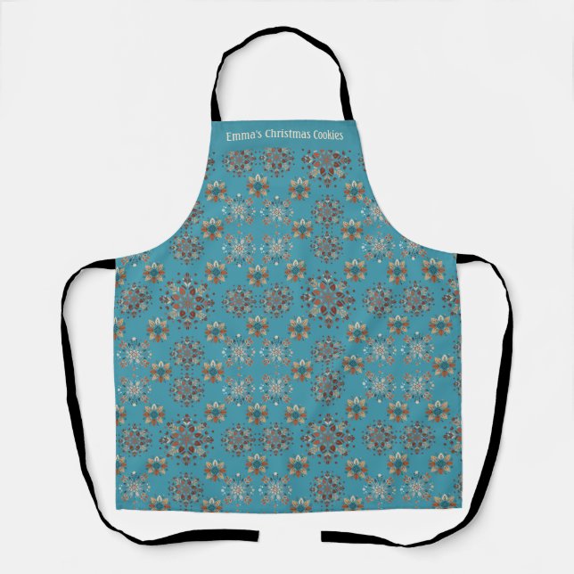 Christmas Teal Personalized Snowflake pattern  Apron (Front)