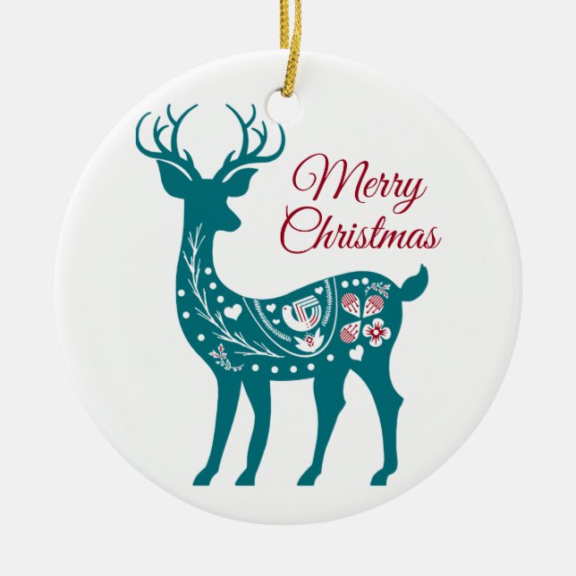 Christmas Teal Reindeer elegant Ceramic Ornament (Front)