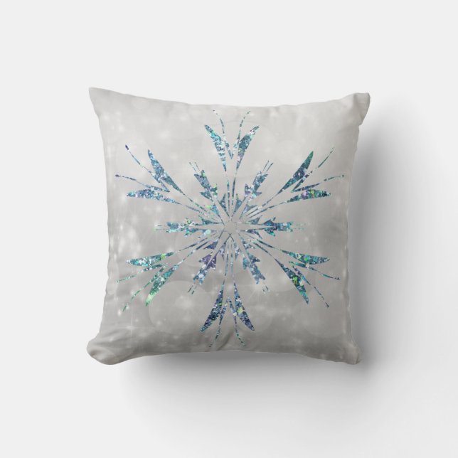 Christmas Teal Snowflake Sparkle Silver Throw Pillow (Front)