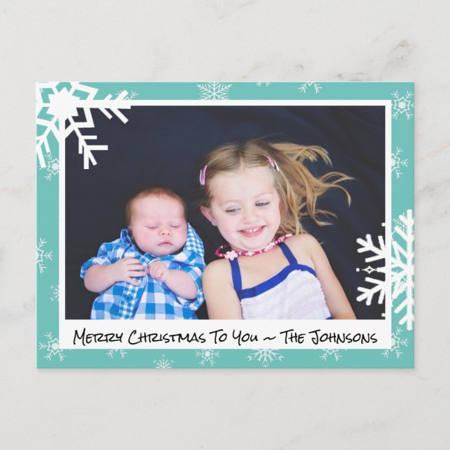 Christmas Teal Snowflakes Family Photo Card (Front)