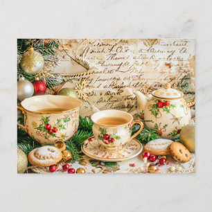 Christmas Teapot Set with Pine Green and Ornaments Postcard