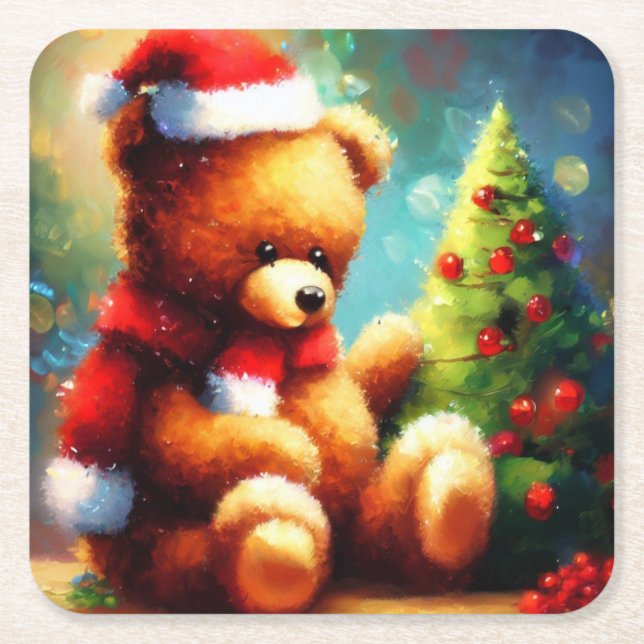 Christmas Teddy Bear 1 Square Paper Coaster (Front)