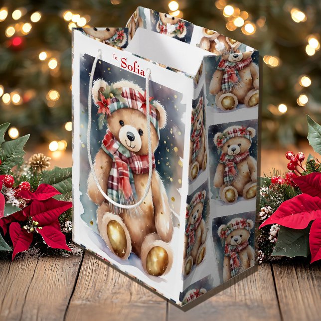 Christmas Teddy Bear add Name Medium Gift Bag (Creator Uploaded)