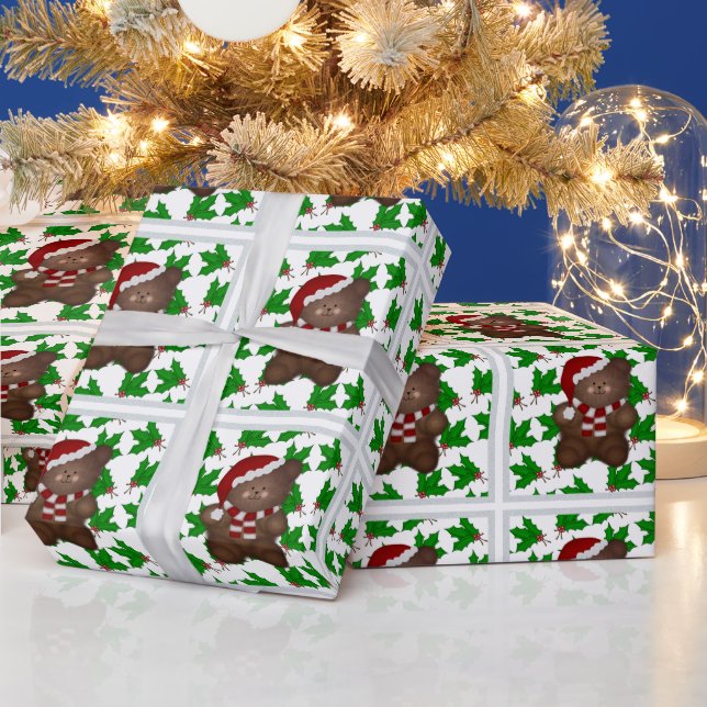 Christmas Teddy Bear And Holly Wrapping Paper (Holidays)