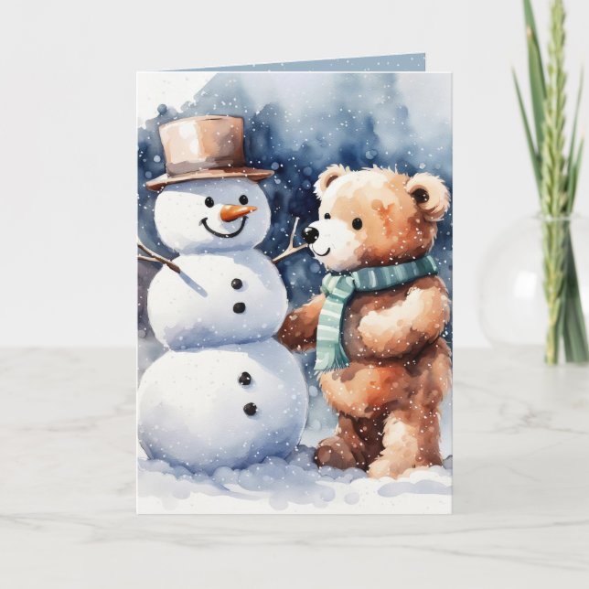 Christmas Teddy Bear And Snowman Holiday Card (Front)
