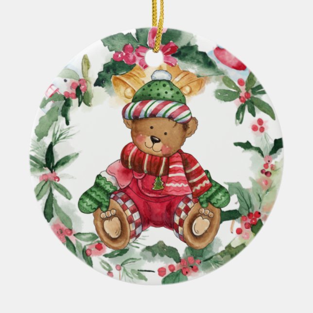 Christmas Teddy Bear Ceramic Ornament (Front)