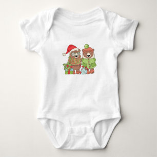Christmas Teddy Bear Couple with Gift  Baby Bodysuit