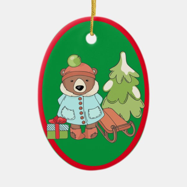 Christmas Teddy Bear Couple with Gift  Ceramic Ornament (Front)