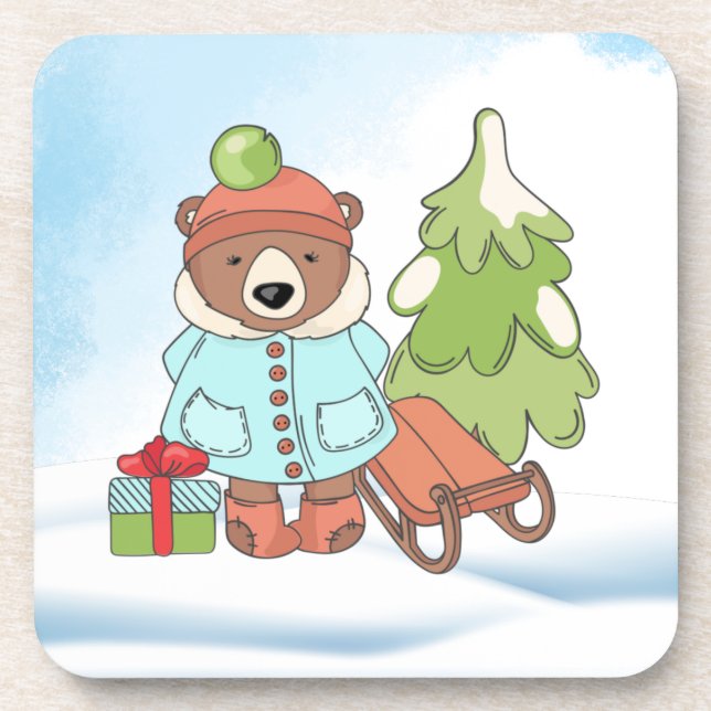 Christmas Teddy Bear Couple with Gift     Coaster (Front)