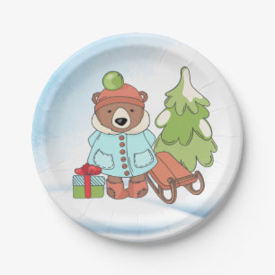 Christmas Teddy Bear Couple with Gift Paper Plate