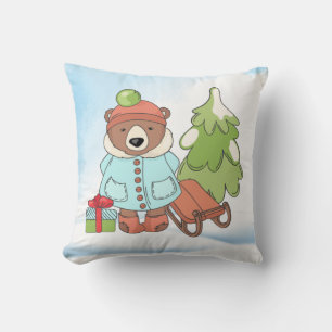 Christmas Teddy Bear Couple with Gift    Throw Pillow