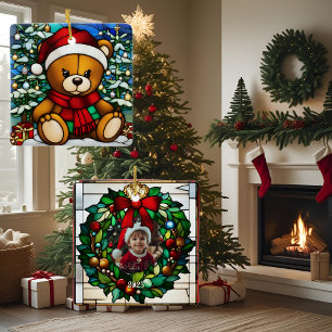 Christmas Teddy Bear Faux Stained Glass Ceramic Ornament