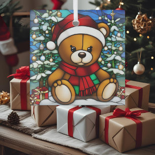 Christmas Teddy Bear Faux Stained Glass  Glass Ornament