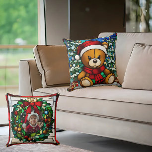 Christmas Teddy Bear Faux Stained Glass Throw Pillow