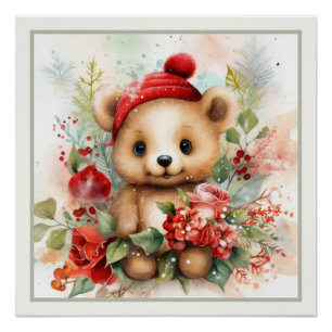 Christmas Teddy Bear Hat Faux Mat Ready to Frame Poster