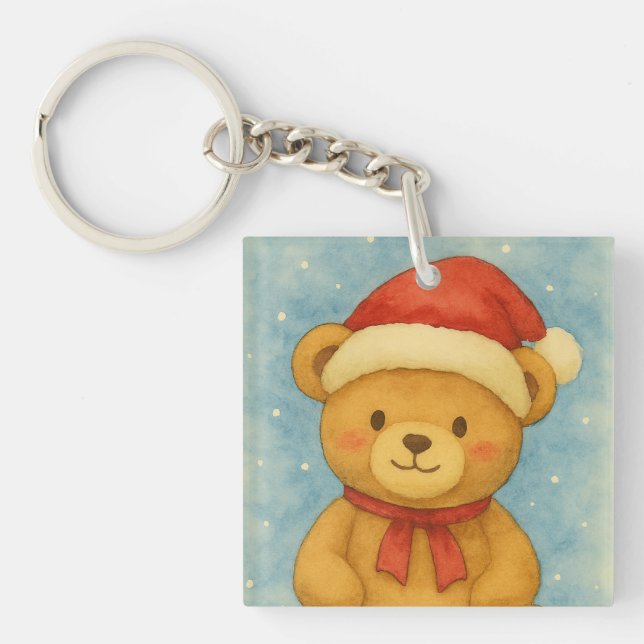 Christmas Teddy Bear in Snowy Wonderland Keychain (Front)