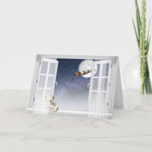 Christmas Teddy bear in window Holiday Card