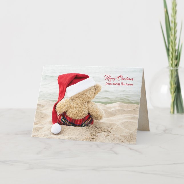 Christmas teddy bear on beach holiday card (Front)