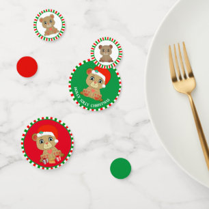 Christmas Teddy Bear on Green & Red Confetti