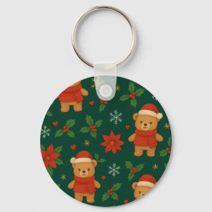 Christmas Teddy Bear Pattern – Cute Green Holiday Keychain