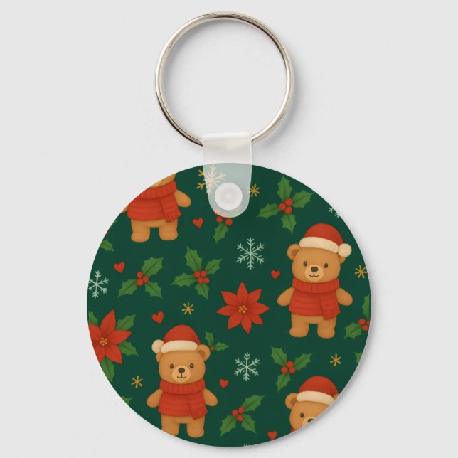 Christmas Teddy Bear Pattern – Cute Green Holiday  Keychain (Front)