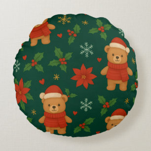 Christmas Teddy Bear Pattern – Cute Green Holiday Round Pillow