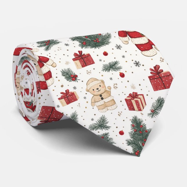 Christmas Teddy Bear Santa Pattern (1) Tie (Rolled)