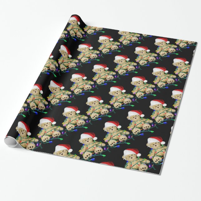 Christmas teddy bear tangled in lights wrapping paper (Unrolled)