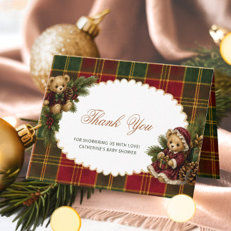 Christmas Teddy Bear Tartan Plaid Thank You Card