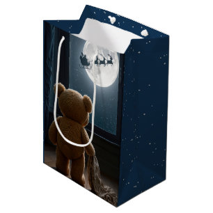 Christmas Teddy Bear Watching Santa Medium Gift Bag