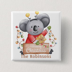 Christmas Teddy Bear with Gift and Snowflakes 2 Inch Square Button
