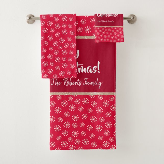 Christmas Teddy Bear with Gift and Snowflakes, Red Bath Towel Set (Insitu)