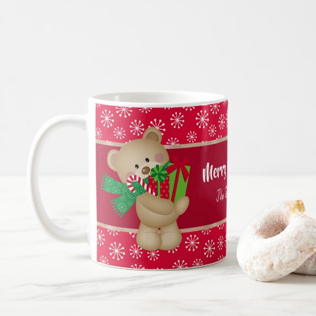 Christmas Teddy Bear with Gift and Snowflakes, Red Coffee Mug (With Donut)