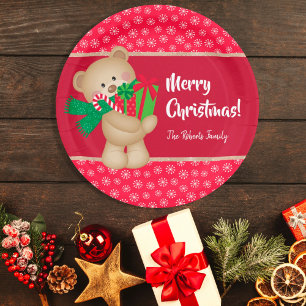 Christmas Teddy Bear with Gift and Snowflakes, Red Paper Plate