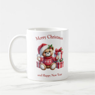 Christmas teddy bear with presents and mistletoe coffee mug