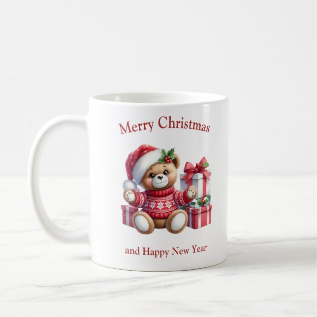 Christmas teddy bear with presents and mistletoe coffee mug (Left)