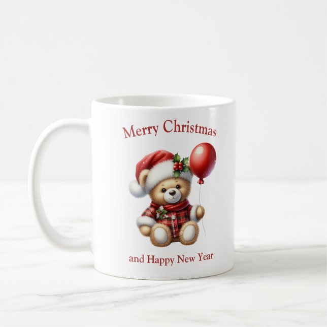 Christmas teddy bear with red balloon mistletoe coffee mug (Left)