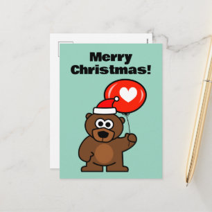 Christmas teddy bear with romantic heart balloon holiday postcard