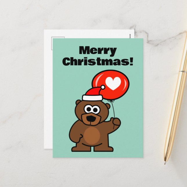 Christmas teddy bear with romantic heart balloon holiday postcard (Front/Back In Situ)