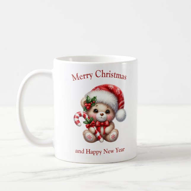 Christmas teddy bear with sweets smiling coffee mug (Left)