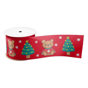 Christmas Teddy Bear with Tree with Snowflakes Satin Ribbon