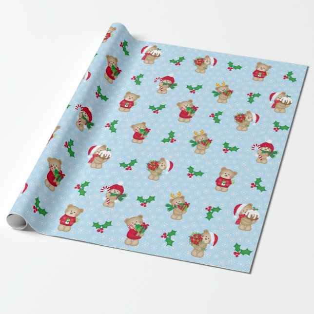 Christmas Teddy Bears And Holly Wrapping Paper (Unrolled)