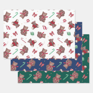Christmas Teddy Bears Baubles Bows  Wrapping Paper Sheet