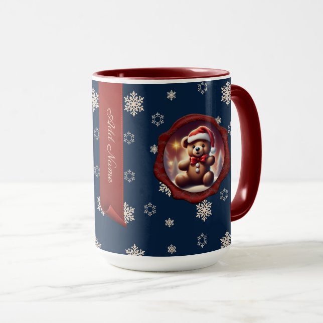 Christmas Teddy Cookie Personalized Banner Blue Mug (Front Right)