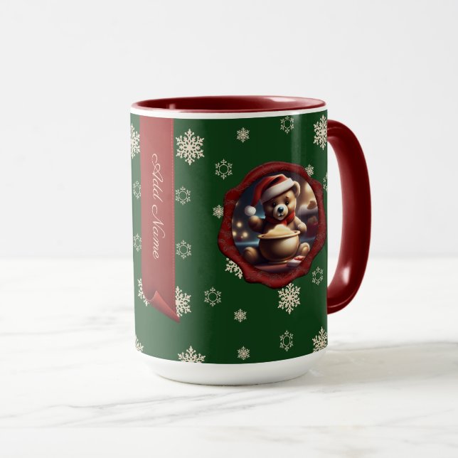 Christmas Teddy Porridge Personalized Banner Green Mug (Front Right)