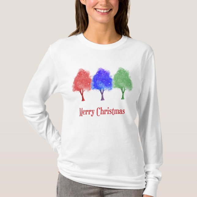 Christmas Tee Shirt with Colourful Sparkling Trees (Front)