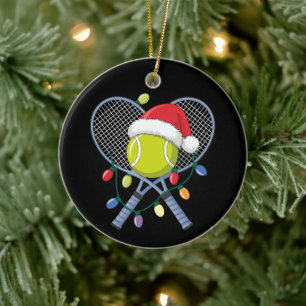 Christmas Tennis Rackets Ball Santa Hat Lights Ceramic Ornament