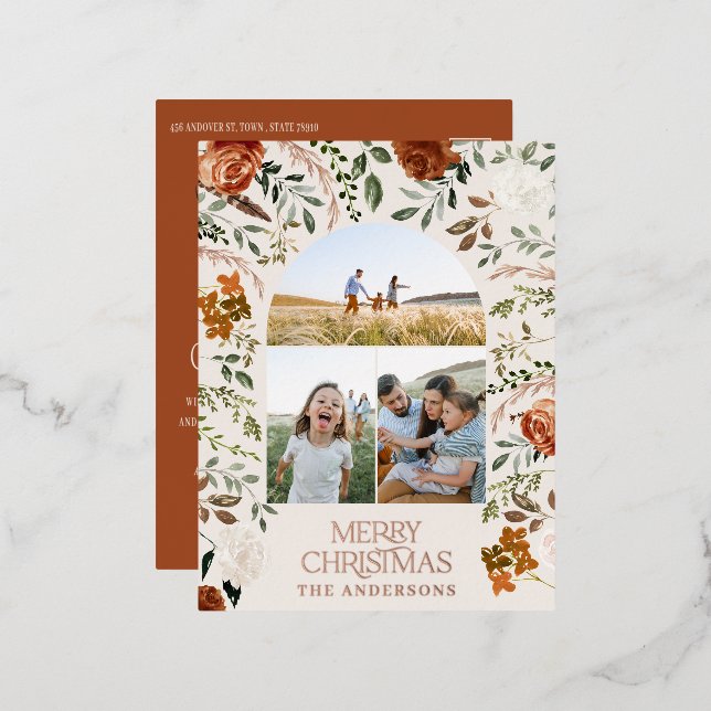 Christmas terracotta botanical elegant 3 photo  foil holiday postcard (Front/Back)