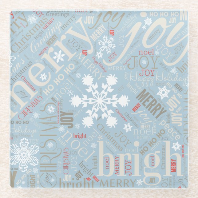 Christmas Text and Snowflake Pattern Blue ID257 Glass Coaster (Front)