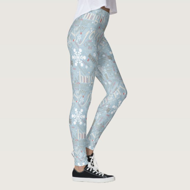 Christmas Text and Snowflake Pattern Blue ID257 Leggings (Right)